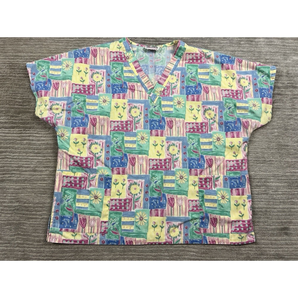 Jasco Uniform Scrub Top Womens Large Multicolor Floral V-Neck Short Sleeve